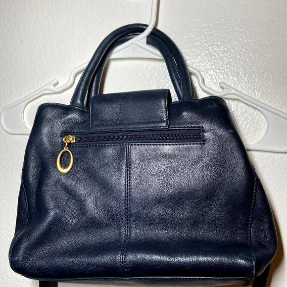 Liz Claiborne Leather Co Shoulder Bag Gold Plated Detail Zip Pockets Navy Blue - Picture 6 of 7